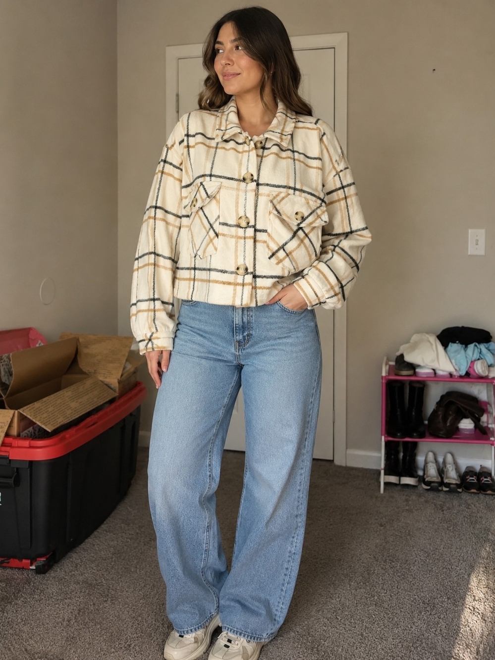 Ashley Stewart Cream Plaid Cropped Bomber Jacket